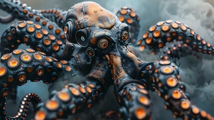 Canvas Print - 3D of a Cyborg Octopus Warrior with Bioluminescent Robotic Appendages in a Dynamic Smoke-Filled Environment