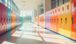 © narak0rn - A bright and colorful school hallway lined with lockers, with natural light streaming through the windows.