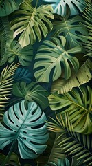 Wall Mural - Alluring Interlocking Tropical Leaf Pattern in Ivory and Green on Soft Blue Background