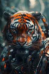 Wall Mural - Awe-Inspiring Cyborg Tiger Warrior Surrounded by Vibrant Color Smoke in Cinematic 3D Render