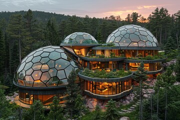 Wall Mural - Volumetric Dream: Fantasy Dome House in Forest Sunrise