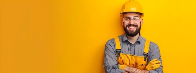 Confident Young Male Construction Worker or Engineer Posing in Hardhat and Uniform on Vibrant Colored Background