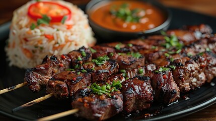 Wall Mural - A serving of beef satay with peanut sauce.