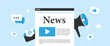 © bestforbest - Strategic news article marketing concept for MarTech content, advertising news, social media strategy. Brand presence with press releases, article publication. Horizontal header vector illustration