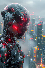 Wall Mural - Breathtaking Cyborg Mist Warrior with Sleek Robotic Chassis and Futuristic Cityscape Backdrop in Cinematic Photographic Style