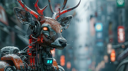 Canvas Print - Cyborg Deer Warrior Blending Organic and Mechanical Elements in Abandoned Neon-Tinged Urban Setting