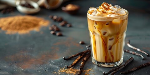 Poster - Iced Vanilla Latte in a Tall Glass with Vanilla Beans Bright and Refreshing Coffee Drink Concept