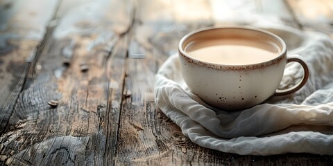 Canvas Print - Cozy Caf Ambiance with Creamy Coffee Beverage on Rustic Wooden Table