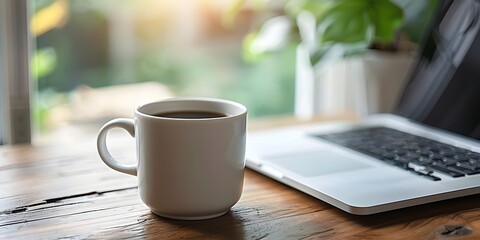 Poster - Americano Coffee Cup and Laptop on Productive Wooden Desk Workspace