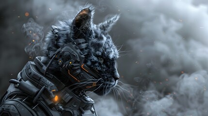 Wall Mural - Fierce Feline Cyber-Warrior Poised for Battle in Dramatic Atmospheric Tableau