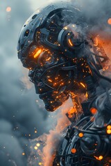 Poster - Formidable Cyborg Monkey Warrior Emerges from Kaleidoscopic Smoke in Vivid 3D Rendering