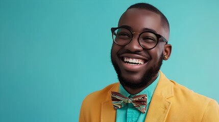 Wall Mural - Confident Young Sales Associate Smiles Against Turquoise and Yellow Background Portraying Professionalism and Success in the Corporate World