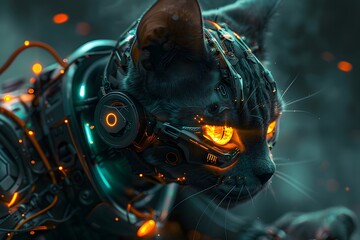 Canvas Print - Futuristic Cyborg Cat Warrior Readying for Battle in Moody Smoky Backdrop