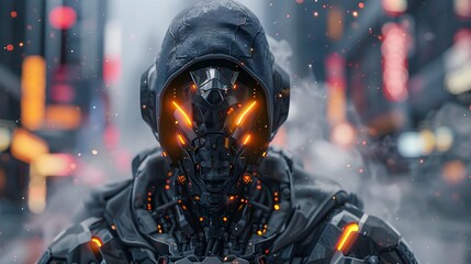 Sticker - Futuristic Cyborg Mist Warrior Shrouded in Neon-Tinged Smoke Amid Apocalyptic Cityscape