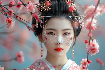 Wall Mural - Kitsune Mask Fantasy: Enchanting Japanese-Inspired Girl