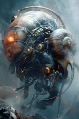 Wall Mural - Hyper-Detailed Cyborg Snail Warrior in Swirling Mist of Jewel-Toned Smoke,Isolated Cinematic 3D Render