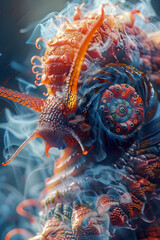 Poster - Hyper-Detailed Cyborg Snail Warrior Enveloped in Swirling Colorful Smoke