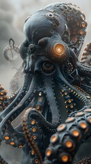 Poster - Imposing Cyborg Octopus Warrior in Captivating 3D Rendering with Intricate Metallic Carapace and Bioluminescent Robotic Limbs