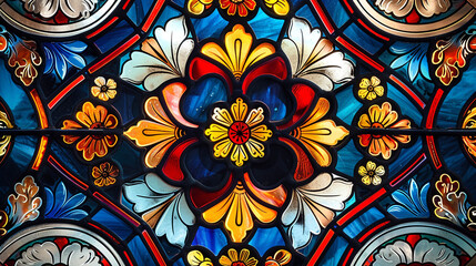 Wall Mural - A seamless pattern inspired by Victorian stained glass windows, featuring colorful geometric shapes and intricate floral patterns.