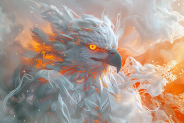 Wall Mural - Majestic Cyborg Eagle Warrior Surrounded by Captivating Multicolored Smoke in Cinematic 3D Render