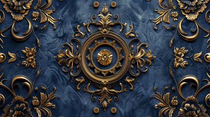 Wall Mural - A seamless pattern of Victorian medallions and rosettes, with intricate detailing and embossed textures in shades of royal blue and gold.