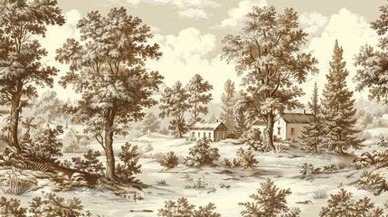 Wall Mural - A seamless Victorian toile pattern, featuring pastoral scenes of country life, with cottages, trees, and figures in shades of sepia on a cream background.
