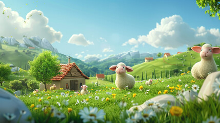 Wall Mural - Cartoon-style farm animals playing in a sunny pasture with rolling hills in the background.