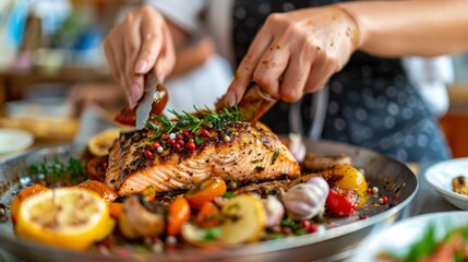 Wall Mural - a professional cook placing food on her stainless steel kitchen table.