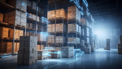 A large amazon warehouse or storage facility with rows of wooden crates or boxes stacked high, surrounded by a futuristic digital interface with glowing lines and shapes