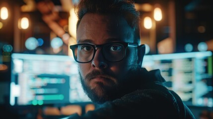 The picture of the software developer or programmer working with the computer and data inside the dark room with monitor, the developer require skills like problem solving and program language. AIG43.