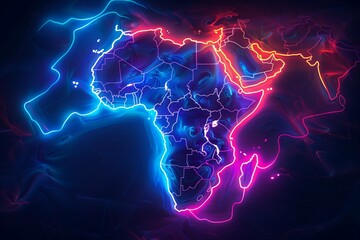 Neon colorful World Map Global Light Abstract Technology background for computer graphic website internet illustration. infographics. motion move neon, pixel, Africa
