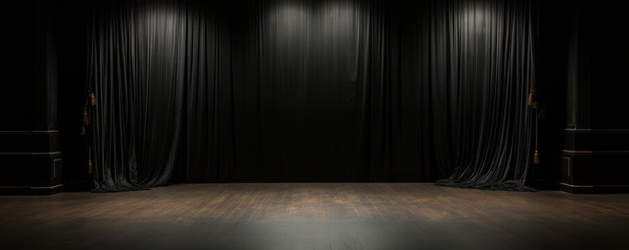 Dark stage with black curtains and spotlights.