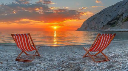 Wall Mural -   A pair of red and white chairs perched on the edge of a sandy beach, beside a tranquil body of water