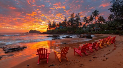 Wall Mural -   A row of red and yellow chairs sit on a sandy beach beside the ocean beneath a colorful sky