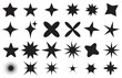© becky studio - Sparkling stars composition. Glowing black star stencil, isolating various sparkling elements. Twinkle star, Minimalist silhouette stars icon, twinkle star shape symbols.