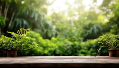 Wooden table with two potted plants in front of a lush green forest background.