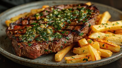 Wall Mural - A dish of steak frites with garlic butter.