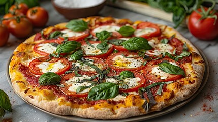 Wall Mural - A photo of a classic Margherita pizza with a fresh mozzarella base, topped with sliced tomatoes, basil leaves, and a drizzle of olive oil.