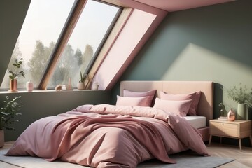 Wall Mural - Minimalistic bedroom interior with Citron Green bed, Dusty Rose bedclothes, wooden night table