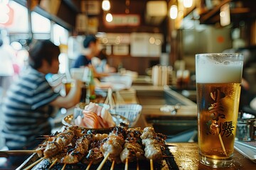 a person sitting at a bar with food and a glass of beer