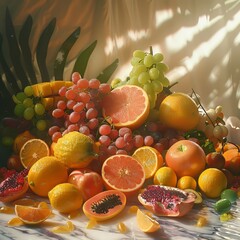 Wall Mural - Table Full of Tropical Fruits with Tropical Leaves on Background