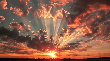 Poster -   The sun is setting over a cloudy field with rays of sunlight filtering through the clouds above