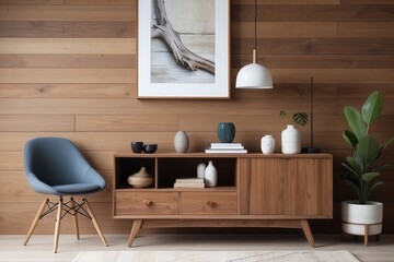 Wall Mural - Modern retro concept of living room interior with design teak commode,