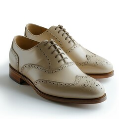Pair of cream leather brogue shoes with lace-up closure.