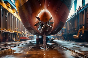 Canvas Print - Propeller of cargo ship in dry dock undergoing maintenance: Close-up view. Concept Ship Maintenance, Propeller Inspection, Dry Dock, Close-up View AI