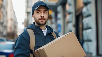 A man carrying a box on the street.