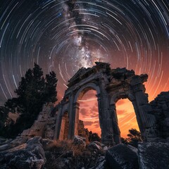 The photo shows the ancient ruins of a temple or other structure, with a starry night sky and a glowing orange sunset.