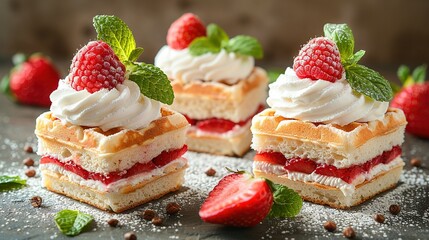 Wall Mural -   Strawberry Shortcakes with Whipped Cream and Raspberries on a Gray Surface with Chocolate Chips Scattered Around Them