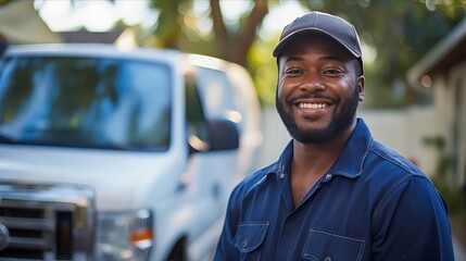 Wall Mural - A smiling man in front of a van.