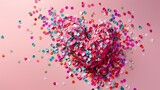 Heart shape made of colorful confetti pink backdrop with scattered paper circles